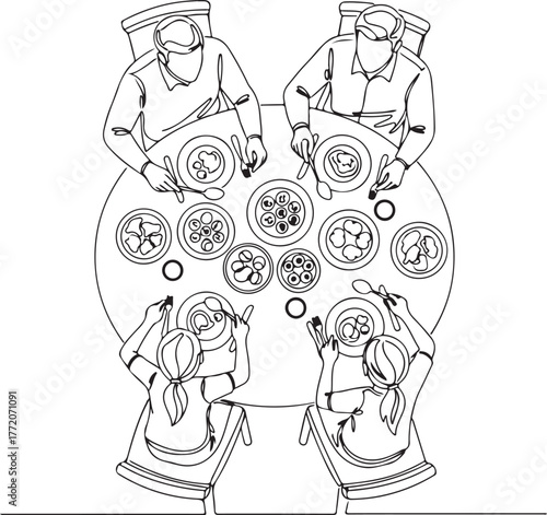 Overhead Continuous Line Drawing of Four People Sharing Meal at a Round Table, Minimalist Illustration of Friends or Family Dining Together