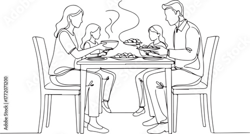 Continuous Line Drawing of Family Dinner, Parents and Kids Sharing a Meal, Minimalist One Line Art Illustration of Home Mealtime Togetherness.