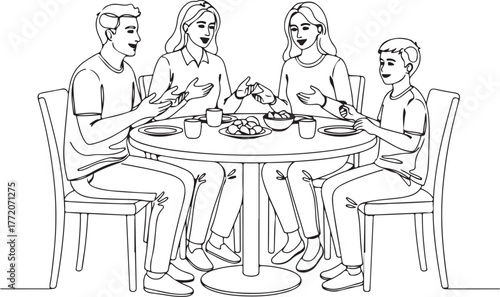 Minimalist Line Art Illustration of a Family Enjoying a Meal Together at a Table, Representing Home Life and Daily Dining