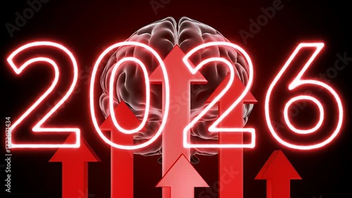 Glowing Red Neon Numbers 2026 Superimposed Over Transparent Human Brain With Upward Arrows On Black Background