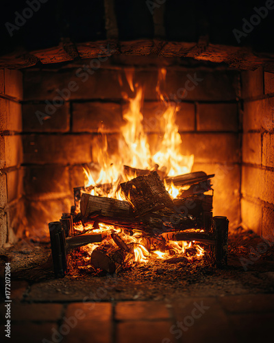 Bright orange fire in traditional fireplace with glowing flames on transparent background
