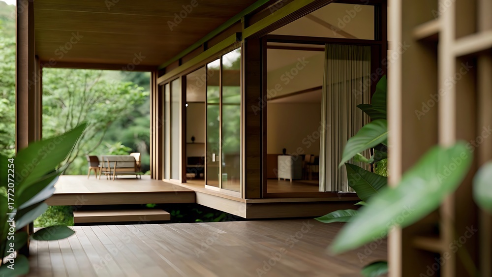 Fototapeta premium A modern house with wooden floors and large windows overlooking a lush green forest