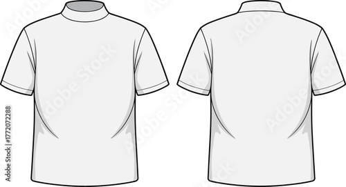 Plain short sleeve t-shirt flat sketch, front and back view, high collar fitted design, minimal apparel template, fashion clothing mockup illustration