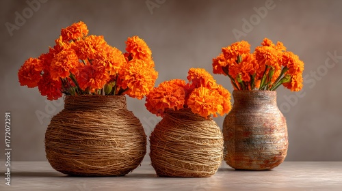 Wallpaper Mural Three assorted floral arrangements showcase vibrant orange blossoms in rustic containers Torontodigital.ca