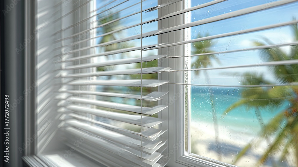 Fototapeta premium White Blinds Window View Of Tropical Beach