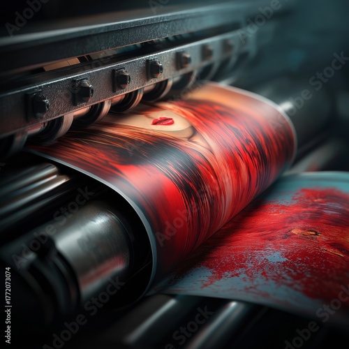 Vivid Printing Process Capturing a Dynamic Image Transfer on High-Quality Paper Using Advanced Machinery in a Modern Print Shop