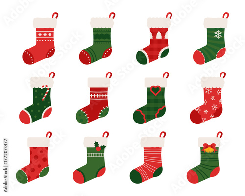Set of 12 festive Christmas stockings in red and green tones. Perfect for holiday cards, gift tags, wrapping paper, website graphics, and Christmas-themed designs.