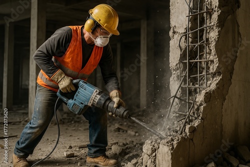 Construction worker operating jackhammer breaking reinforced concrete inside building under renovation