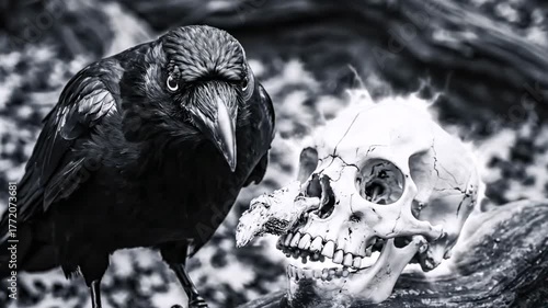 A dark crow pecks at a skull, with stark monochrome contrast and dramatic composition