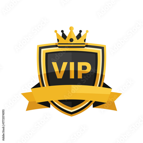 VIP golden shield with crown and blank ribbon, exclusive very important person premium badge.