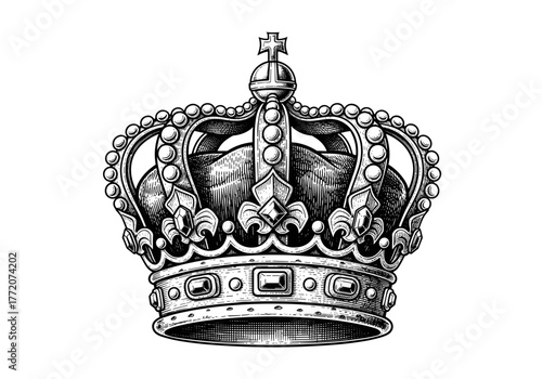 Detailed vintage engraved royal crown icon, intricate black and white monarch headpiece illustration.