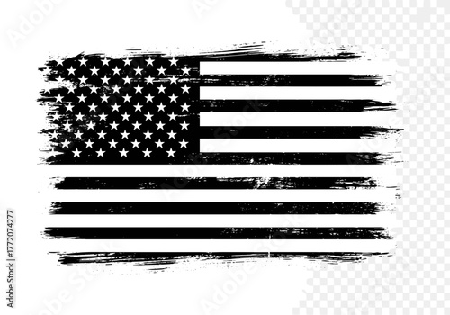 Distressed black and white USA flag, grunge textured monochrome American symbol vector.
