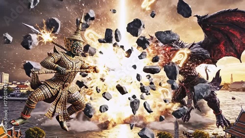 A digital fantasy scene showing a battle between a mythical guardian and a winged demon over a city