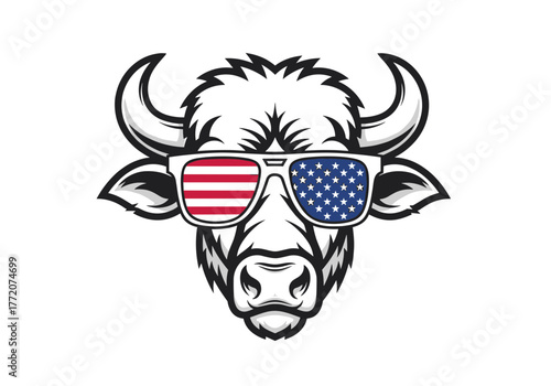 Buffalo Head with American Flag Rectangular Sunglasses Vector.
