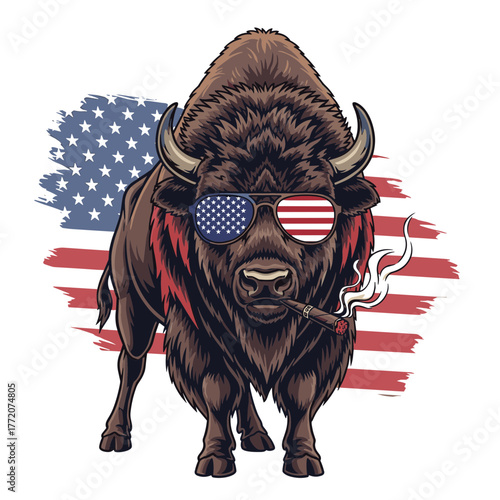 Cool Buffalo Smoking Cigar with American Flag Sunglasses and Distressed Flag Background.