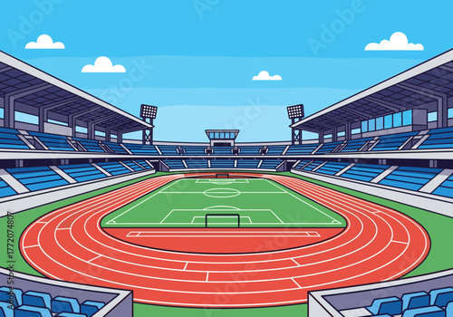 Modern Sports Stadium with Red Running Track and Green Field.