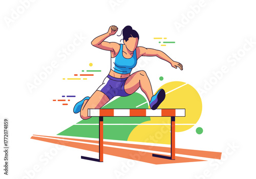 Flat Design Illustration of a Female Hurdler Jumping Over an Obstacle on a Track