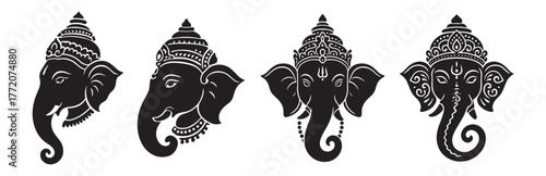 Set of Lord Ganesha head silhouette vectors with ornamental crowns, traditional Hindu elephant god artwork in black decorative style