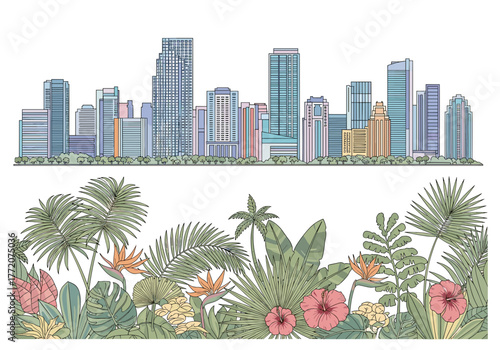 Modern City Skyline with Tropical Botanical Border Illustration