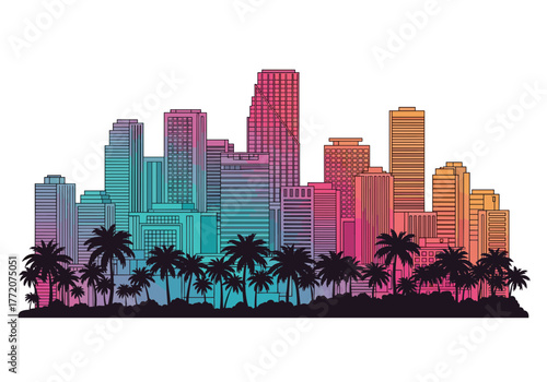 Gradient Miami City Skyline with Palm Tree Silhouettes Illustration