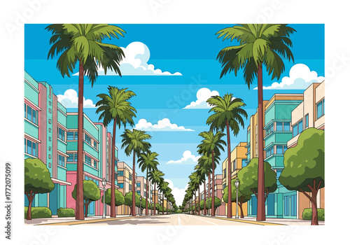 Colorful Art Deco Street Lined with Palm Trees in Miami South Beach