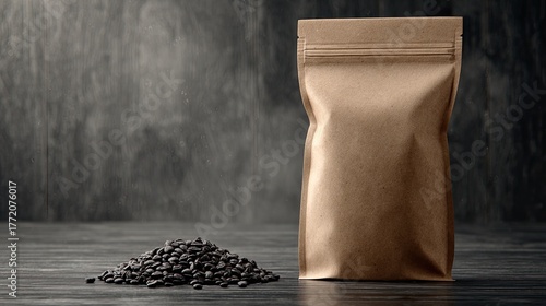 Brown Paper Coffee Packaging Bag With Roasted Beans On Dark Wooden Table