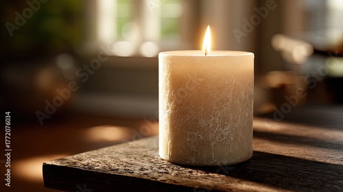 Illuminated White Candle On Wooden Table
