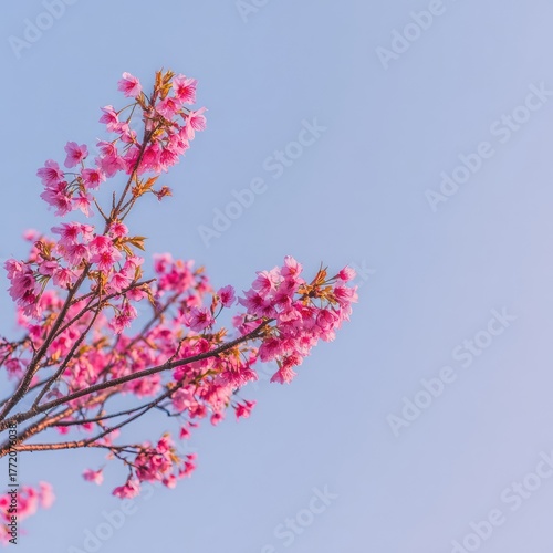 Pink Cherry Blossoms Against Light Blue Sky