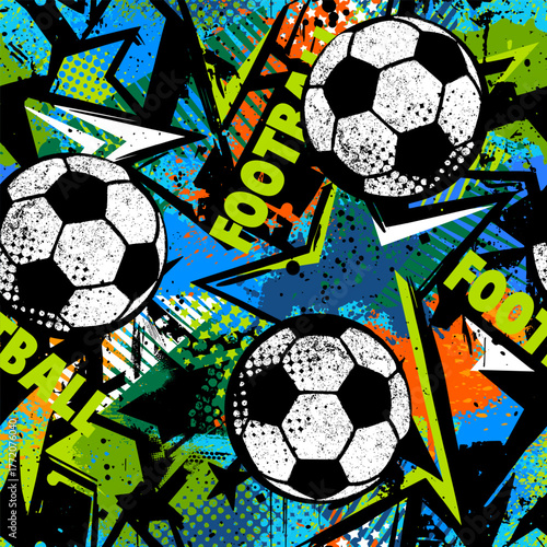 Abstract seamless chaotic pattern with urban geometric elements, scuffed, drops, stars and sprays. Grunge  neon football background. Wallpaper soccer