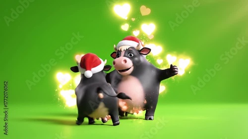 Two cartoon cows wearing Santa hats holding hands, with hearts, on a green background