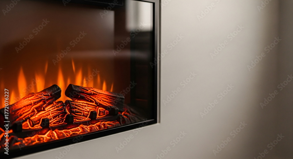 Fototapeta premium Warm glowing electric fireplace logs with dancing flame backdrop, providing comfort and coziness for home interior design footage