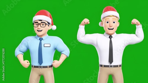 Two cartoon businessmen, wearing Santa hats, pose with flexed arms, against a green background