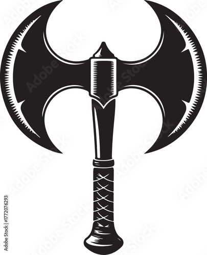 Black double bladed axe illustration with serrated edges and textured handle double axe weapon