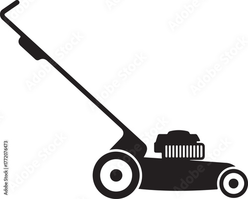 Black silhouette of a lawn mower with wheels and handle white garden tool