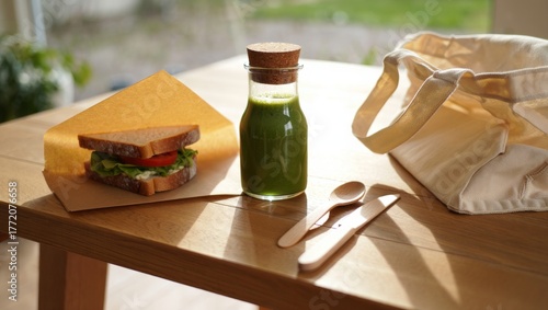 Healthy plant based lunch with fresh vegetable sandwich and green smoothie bottle, using eco friendly reusable tote bag and wooden cutlery for a sustainable meal
