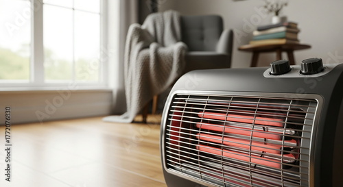 Fototapeta Naklejka Na Ścianę i Meble -  Portable electric heater glowing in a living room, providing warmth during cold weather. Home appliance for heating interior space footage.