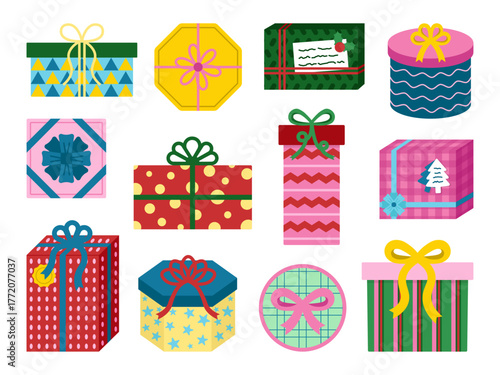 Collection of 12 colorful Christmas gift boxes in red, green, pink, blue, and yellow tones. Perfect for festive cards, packaging, wrapping paper, website graphics, and holiday crafts.