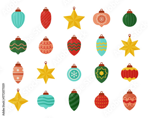 Set of 20 colorful Christmas ornaments in red, green, yellow, orange, and blue tones. Includes stars, baubles, and abstract shapes. Perfect for holiday cards, crafts, and festive design projects.