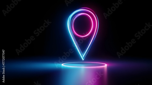 Glowing neon location marker hovers above a cylindrical pedestal in a dark environment