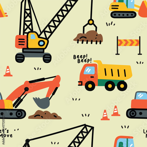 Cute Construction Vehicles Seamless Pattern for Kids 