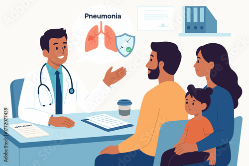 Vector of doctor explaining pneumonia vaccine benefits to family in clinic