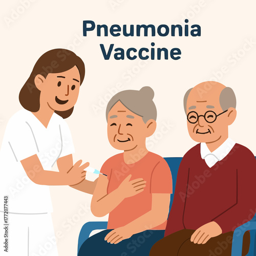 Vector of elderly couple receiving pneumonia vaccine in hospital with smiling nurse