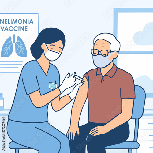 Flat vector of nurse administering pneumonia vaccine to elderly patient in clinic setting