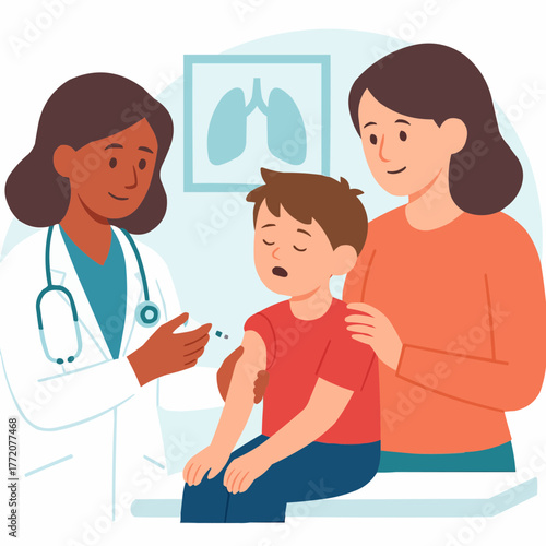 Vector of child receiving pneumonia vaccine in pediatric clinic with doctor and parent