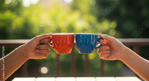 Two hands holding a red and a blue cup in front of a blurred green background.