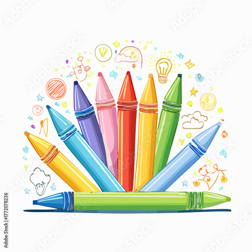 A vibrant row of colored pencils on a white background is ready for drawing and art in school