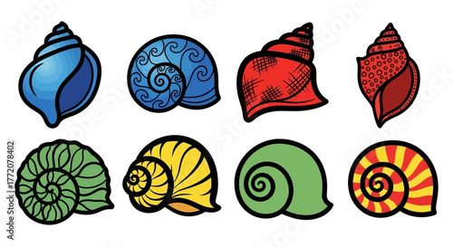 A colorful collection of conch shell vector icons featuring various shapes and spiral patterns in blue, red, green, and yellow tones. Each shell design has bold outlines and stylized textures.