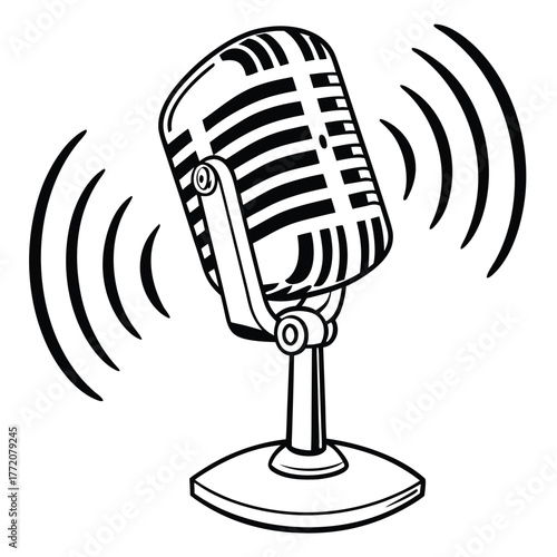 Vintage microphone with sound waves illustration