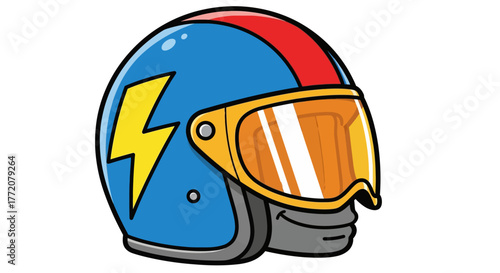 A vibrant cartoon illustration of a blue racing helmet with a red stripe, yellow lightning bolt, and an orange visor.