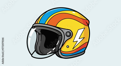 A vibrant, retro-style cartoon motorcycle helmet with colorful stripes and a lightning bolt symbol.